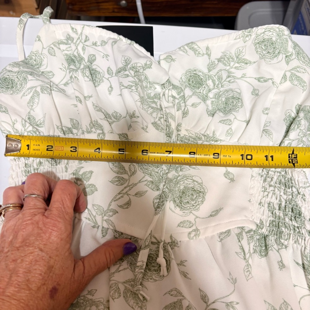 Ivory green floral ruffle trim midi dress with a floral print, smocked waist, - Picture 7 of 10